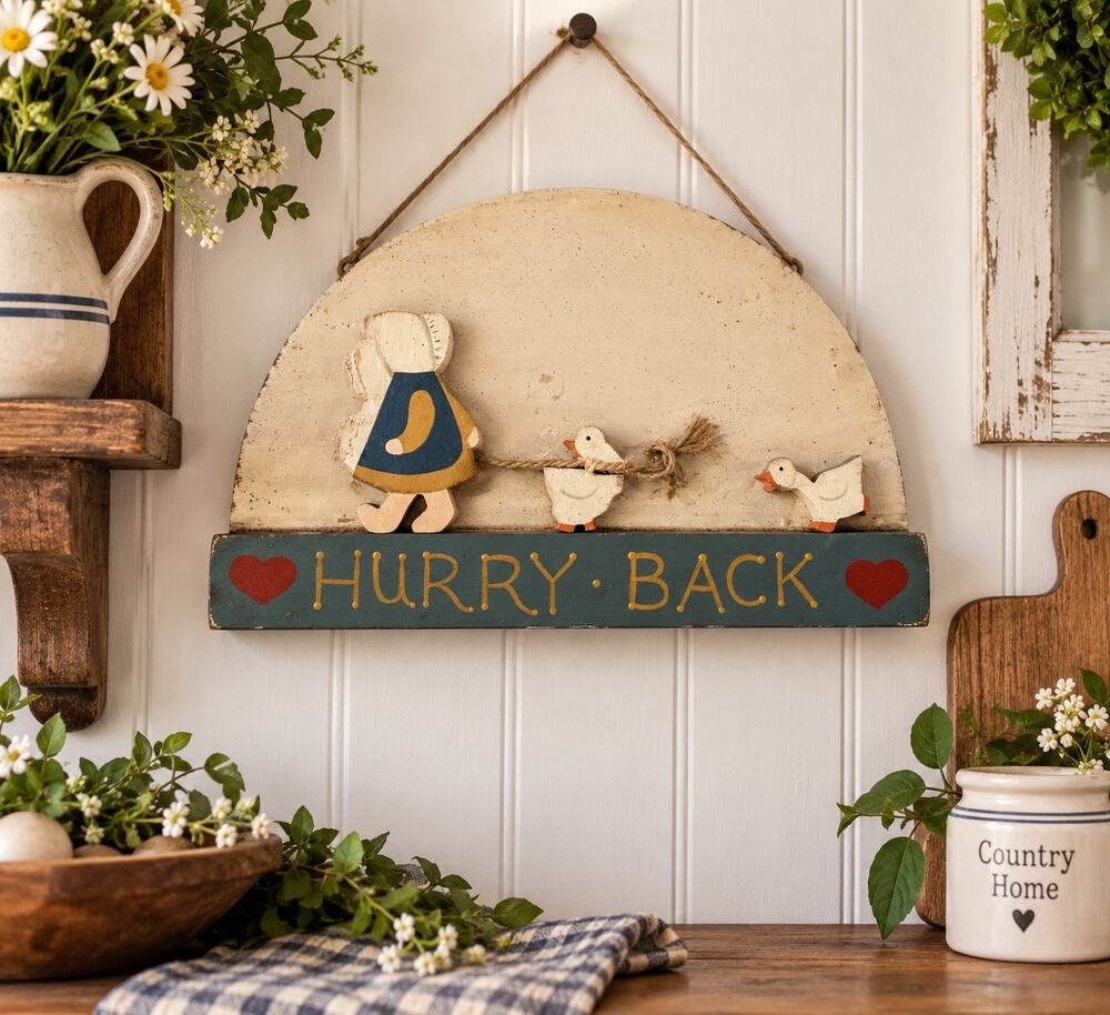 Primitive Country Folk Art “Hurry Back” Wall Plaque Bonnet Girl Geese Wood Decor